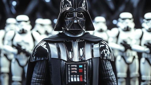 Dark armored commander leads chrome-clad troopers.