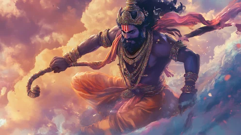 Mythic warrior god charges through stormlit celestial clouds