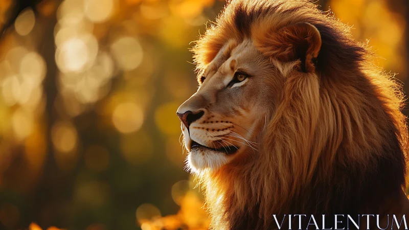Majestic lion profile in glowing autumn bokeh light.