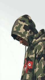 Side-profile portrait isolates hooded figure in camo graphic