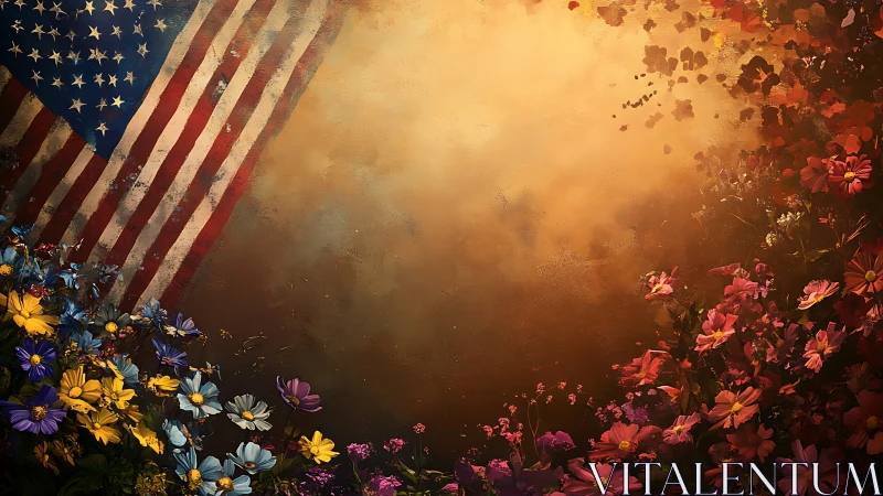American Flag with Wildflowers Against Golden Backdrop.