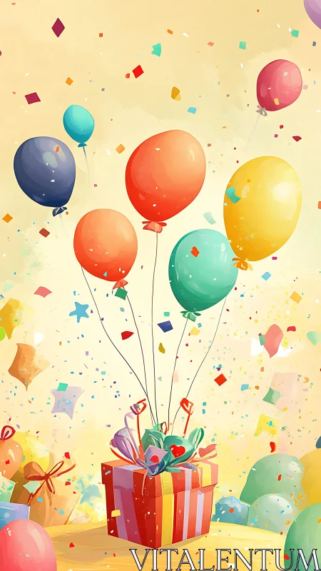 Volumetric Celebration: Radiant Gift Box with Ascending Balloon Cluster.