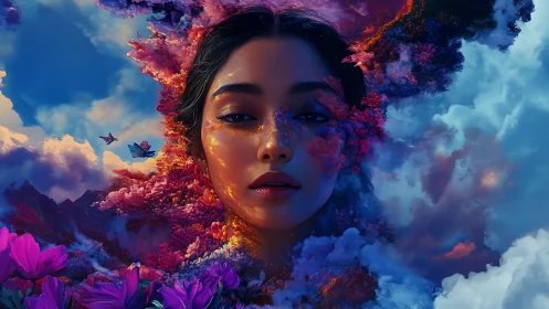 Surreal female portrait fused with vibrant floral clouds.