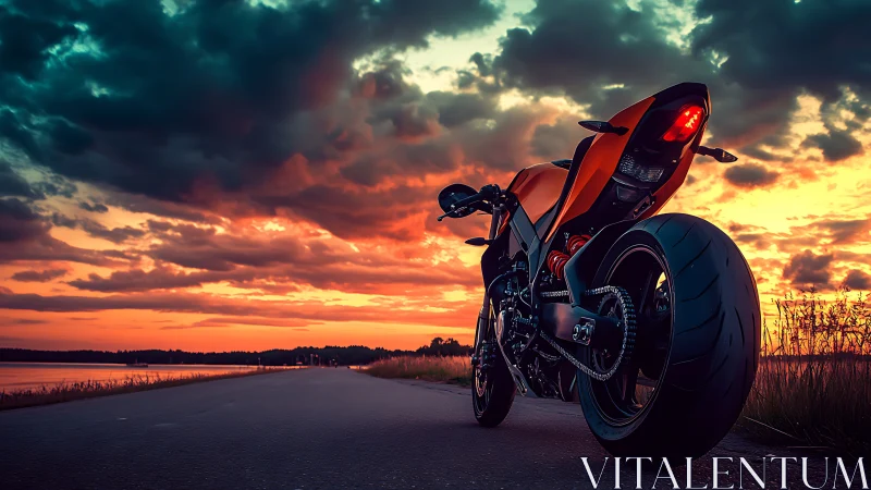High-performance sport motorcycle framed against dramatic sunset sky