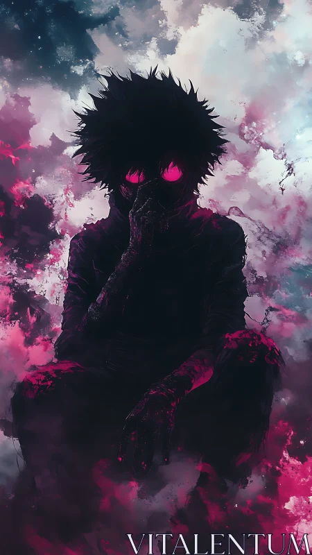 Dark silhouette figure with glowing eyes in neon clouds.