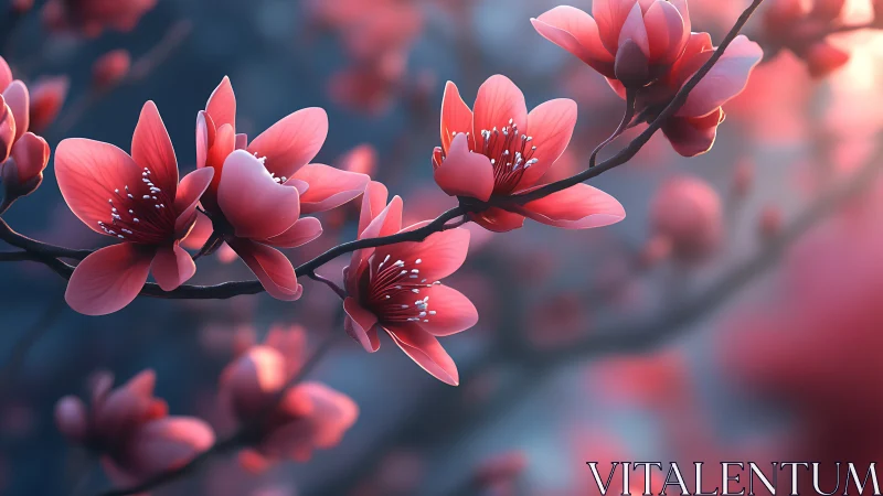 Coral Magnolia Blossoms on Curved Branch with Depth