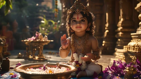 Divine child deity blesses petals in a golden temple courtyard