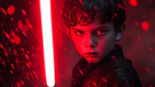 Young boy holding red glowing sci fi sword in darkness.