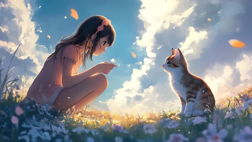 Sunlit meadow moment as girl and kitten share gentle wonder