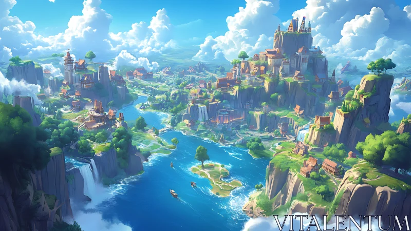 Fantasy Kingdom Floating Above Clouds and Rivers