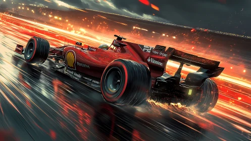 Turbocharged comet-car scythes through rain-slick neon asphalt