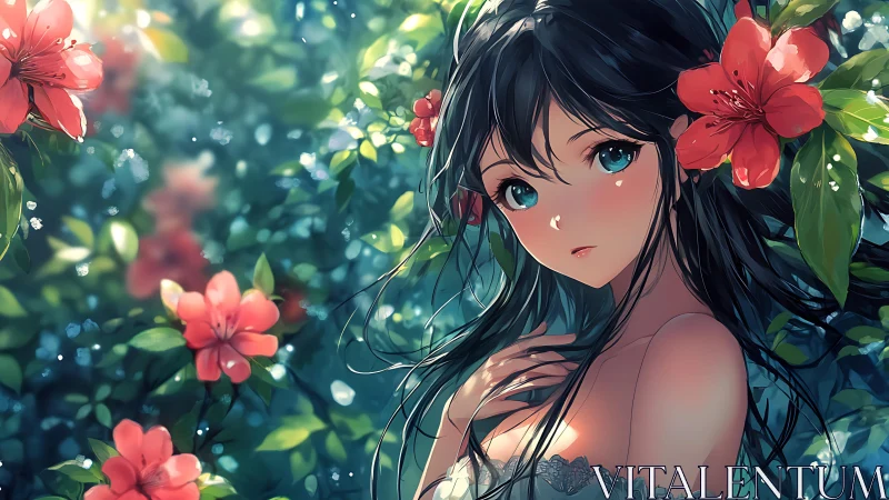 Garden muse in dappled light with vivid scarlet blooms.