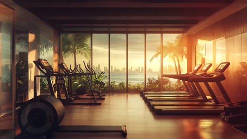 Luxury waterfront gym interior captures sunrise over skyline
