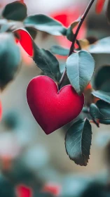 Red heart-shaped ornament hanging from branch with teal leaves