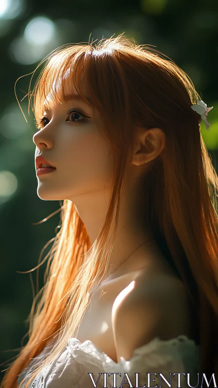 Luminous anime girl portrait in golden forest light.