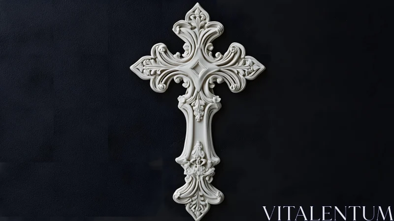 Ornate white decorative cross on dark background, baroque style.