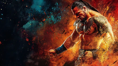 Tattooed warrior stands in fiery cosmic storm of power