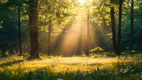 Sunbeams Filtering Through Lush Green Forest at Sunrise.