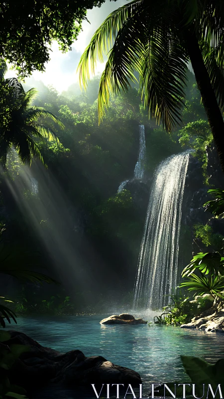 Lush jungle waterfall catches angled sunlight over pool.