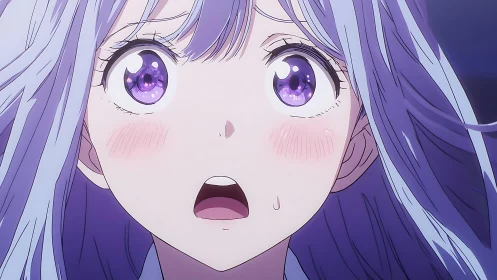 Purple haired anime girl in shocked close up portrait.