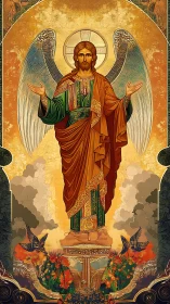 Iconic winged saint in radiant Byzantine-inspired robes.