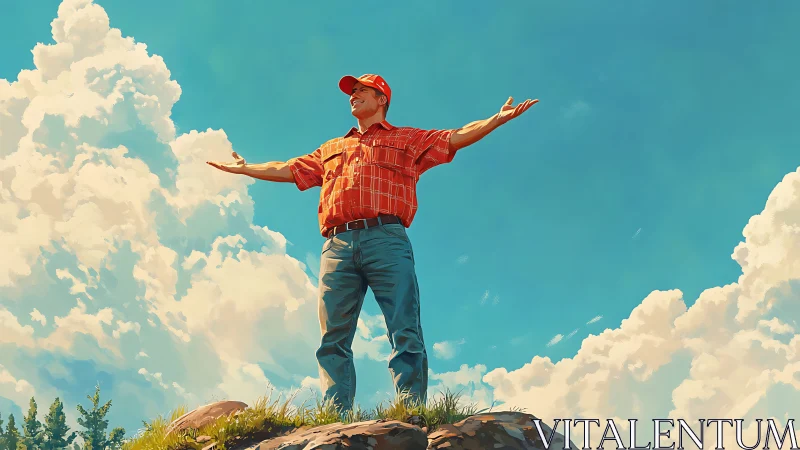 Sky-top dreamer in red cap greeting a cathedral of clouds.