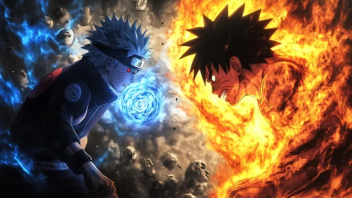 Intense anime duel with blue lightning versus orange fire.