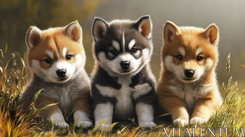 Fluffy husky puppies rest in soft golden meadow light.
