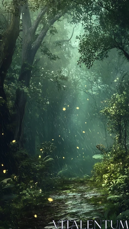 Enchanted Forest Path Illuminated by Magical Fireflies and Rain
