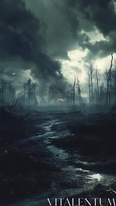 Stormlit dead forest over flooded path under dark sky.