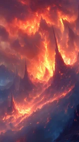 Infernal Spires: Apocalyptic Volcanic Landscape with Towering Flame Formations