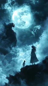 Backlit silhouettes confront cloud-shrouded lunar monster in mist