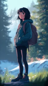 Curious young hiker pausing in a sunlit forest clearing.