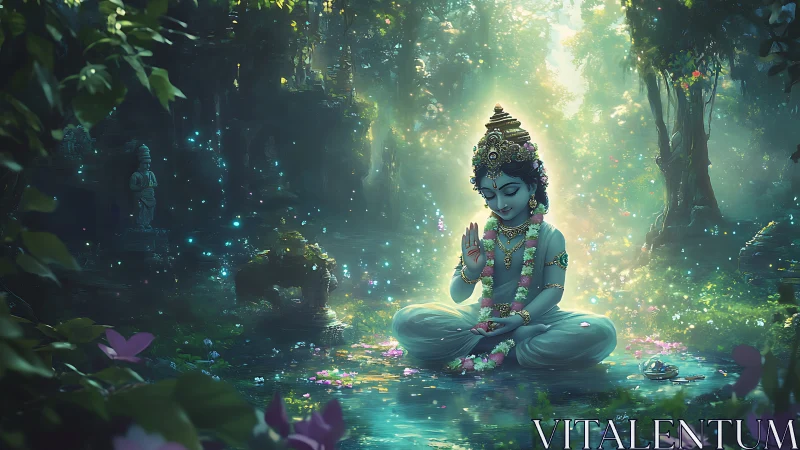 Divine child figure meditates in glowing forest pool