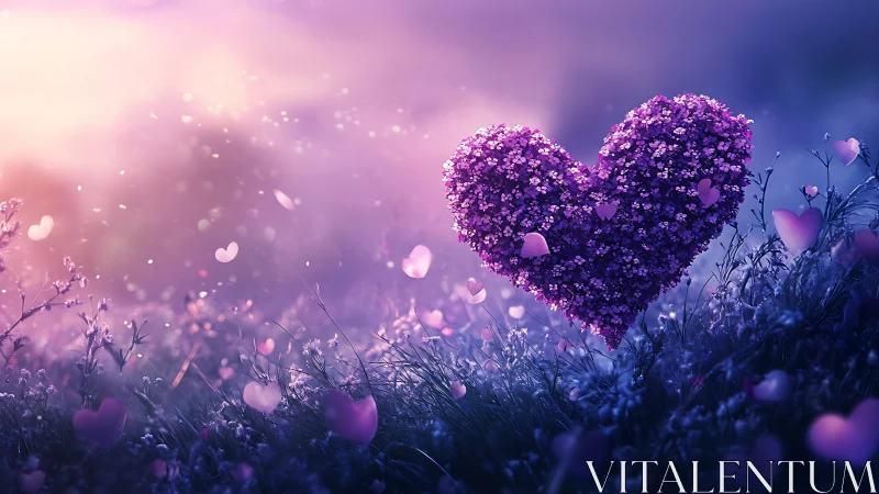 Heart-shaped flower topiary blooms against ethereal purple gradient field.
