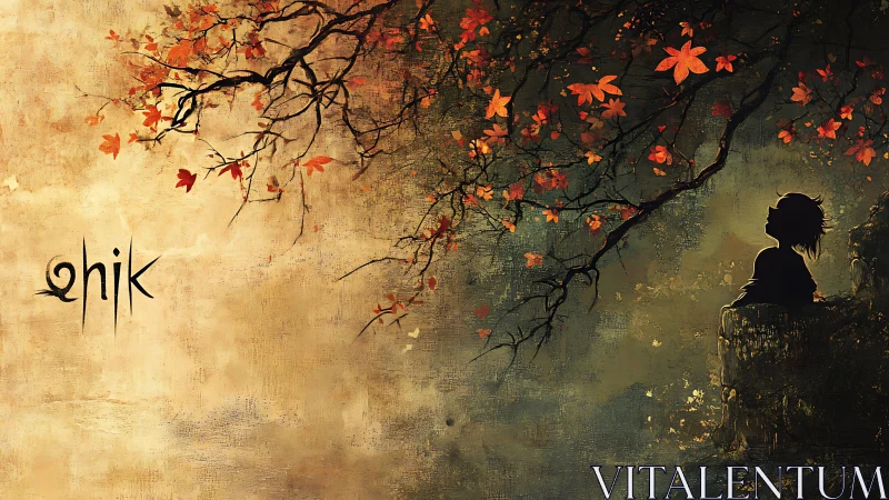 Solitary silhouette under glowing autumn canopy at dusk