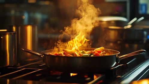 Dramatic Wok Flame in Professional Kitchen. Fire bursts from cooking pan.