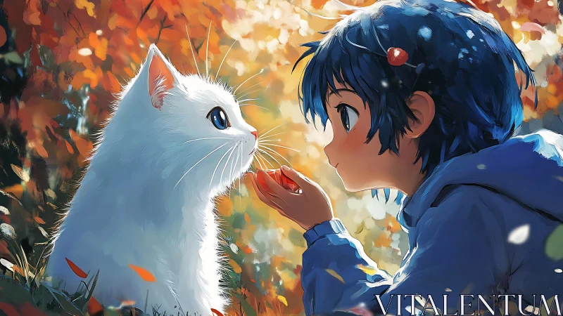 Anime autumn child and white cat in intimate close-up tableau.