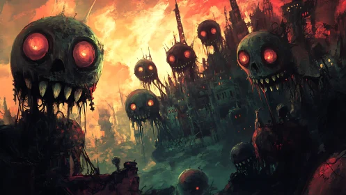 Grinning apocalypse sentinels loom above a burning wasteland.