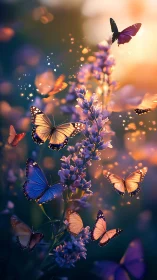 Bioluminescent dusk swarm around lavender inflorescence cluster.