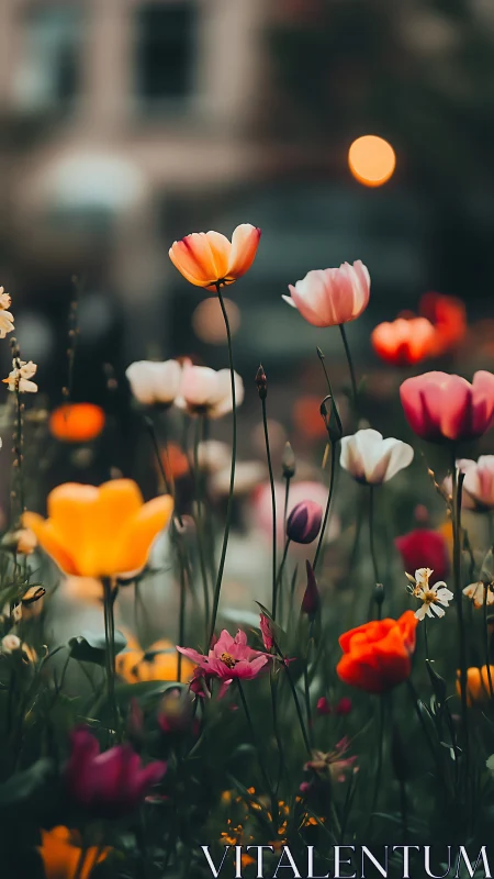 Spring Tulip Garden with Selective Focus and Warm Bokeh Lighting