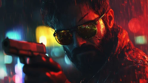 Armed bearded operative in neon rain, reflective visor glare