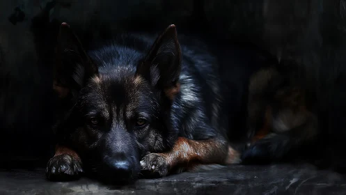 German shepherd lies in shadows with soulful, watchful eyes.
