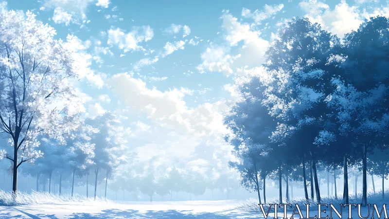 Snow-covered deciduous trees align under a bright winter sky