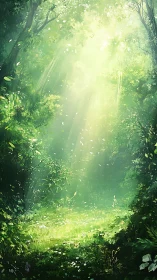 Sunlit forest clearing with dense green vegetation detail.