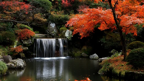 Autumn maple foliage framing tiered garden waterfall and pond