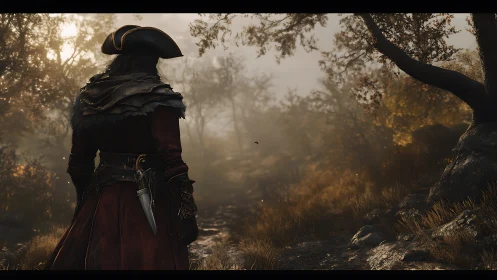 Backlit tricorne figure on foggy forest trail with cinematic DOF