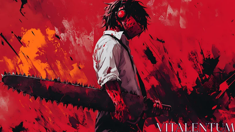 Blood‑soaked chainsaw wielder in dynamic red action field