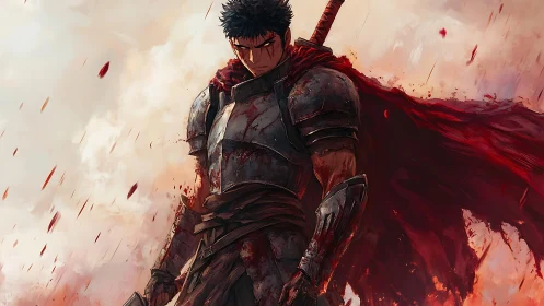 Bloodstained armored swordsman in red cloak amid burning embers