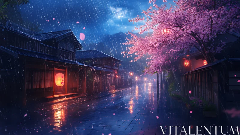 Digital painting of rainy cherry blossom street at night in Japan.